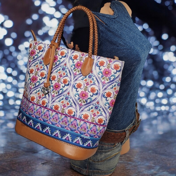 BRIGHTON Kesha Tall Tote Handbag Braided Leather Straps Boho Pattern - Picture 2 of 14